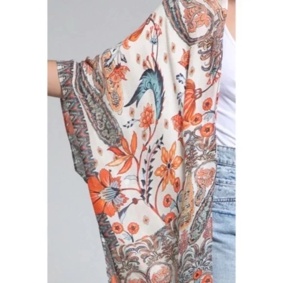 Alabaster Dobby Jacquard Intricate Jacobean Motif Boho Bohemian Kimono Wrap Top - Picture 4 of 5